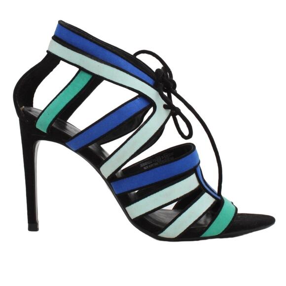 Zara Blue, Black & Green Caged Lace Up Gladiator Heels - Picture 1 of 8